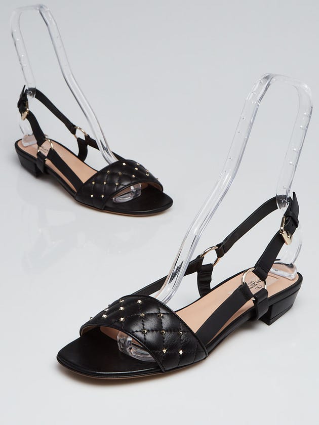 Valentino Black Leather Rockstud Flat Sandals Size 7.5/38