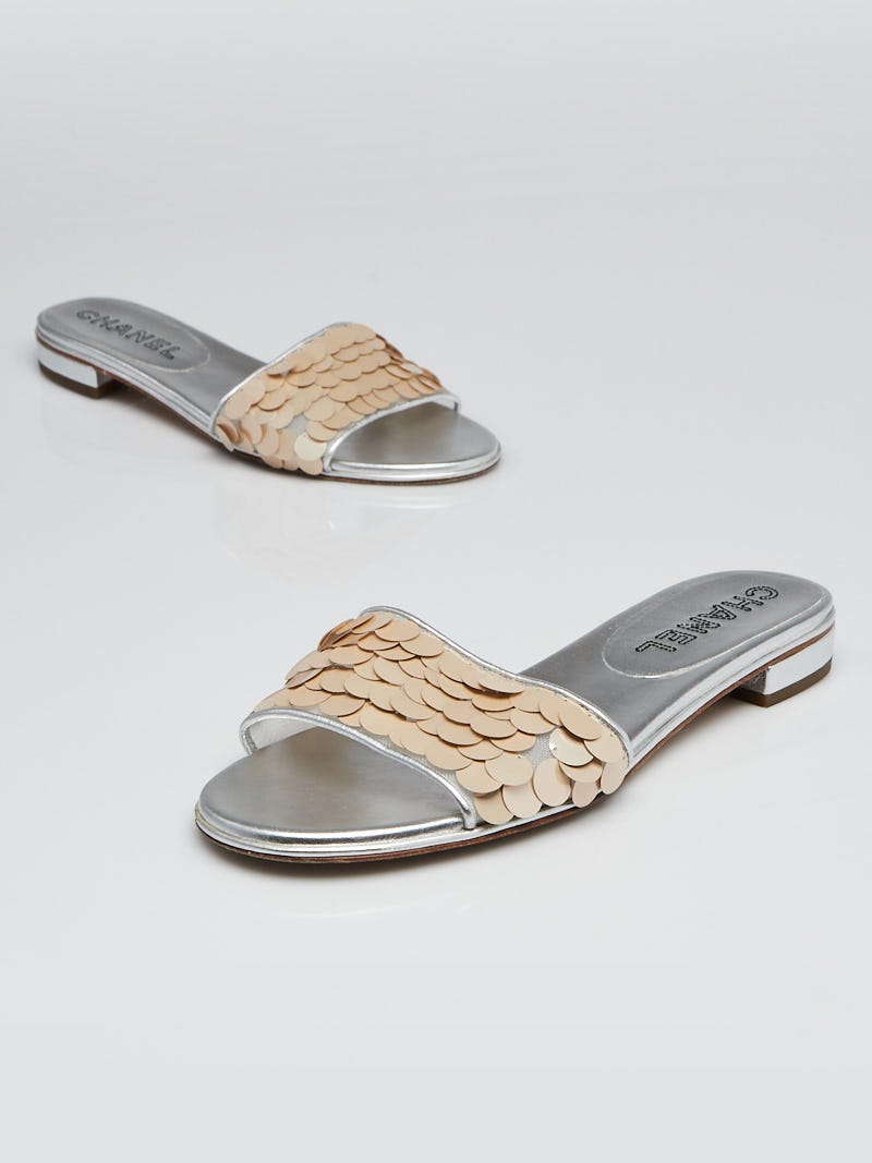 Chanel Silver/Beige Leather and Sequin Open Toe Mule Sandals Size 10/40.5 -  Yoogi's Closet