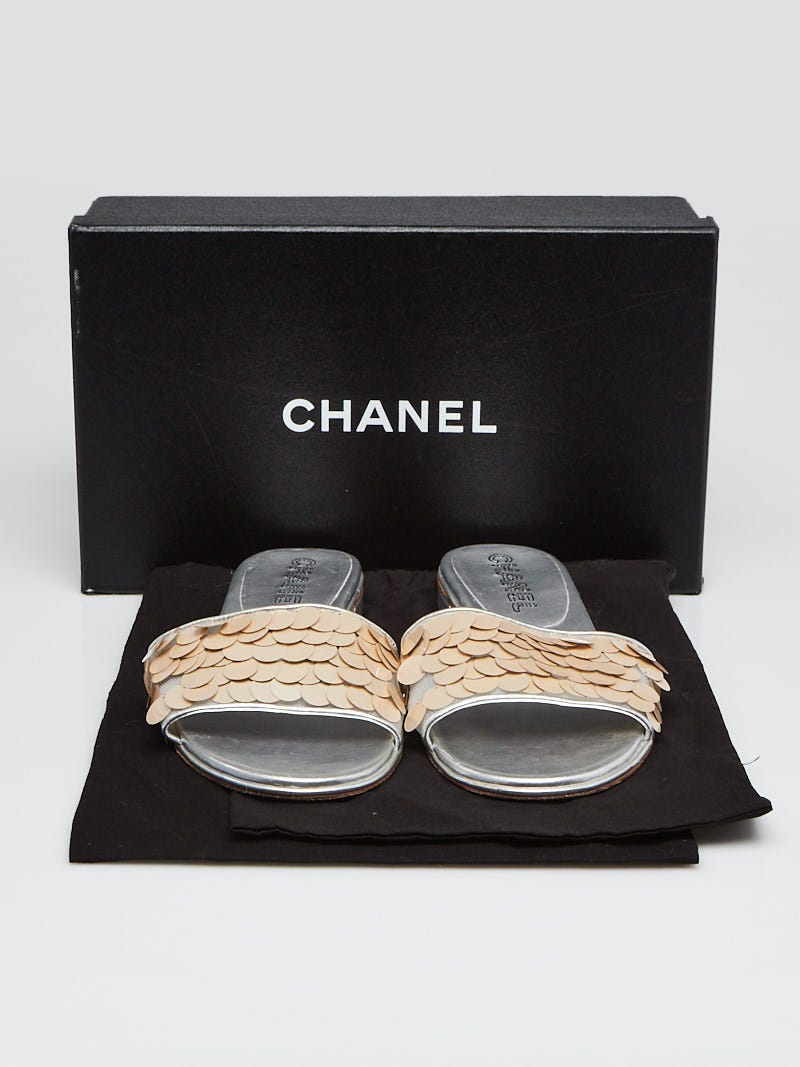 Chanel Silver/Beige Leather and Sequin Open Toe Mule Sandals Size 10/40.5 -  Yoogi's Closet