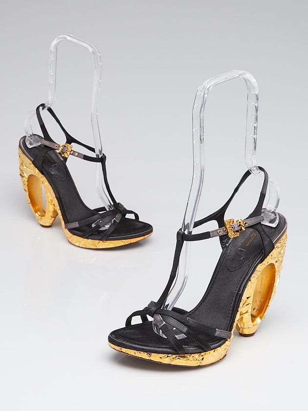 Louis Vuitton Black Satin Gold Metal "O" Wedge Strappy Sandals Size 8.5/39