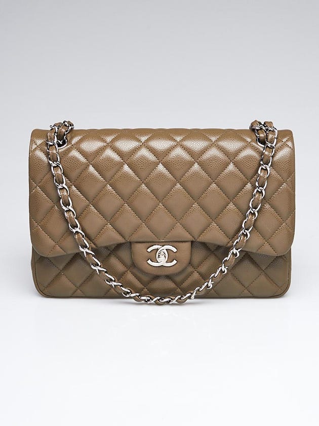 Chanel Khaki Quilted Caviar Leather Classic Jumbo Double Flap Bag