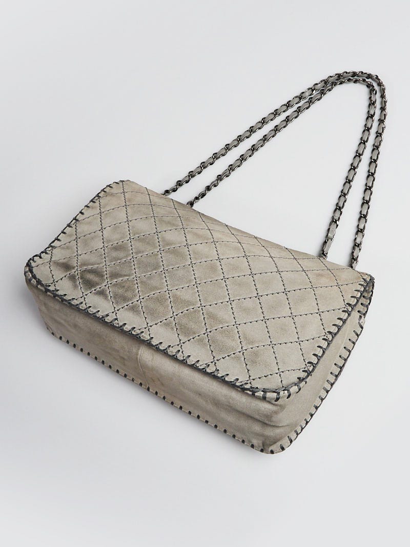 Chanel Grey Suede Diamond Quilted Whipstitch Jumbo Flap Bag