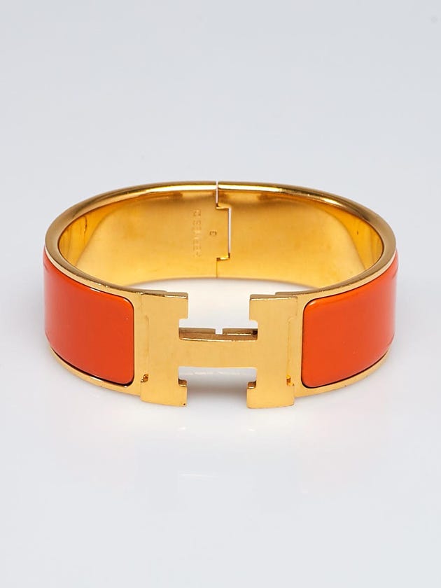Hermes Orange Enamel Gold Plated Clic-Clac H PM Wide Bracelet