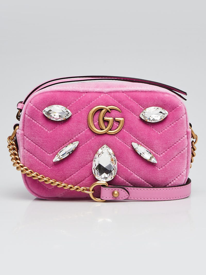 Gucci Pink Quilted Velvet and Marquise Crystal Mini GG Marmont Camera Bag Yoogi s Closet