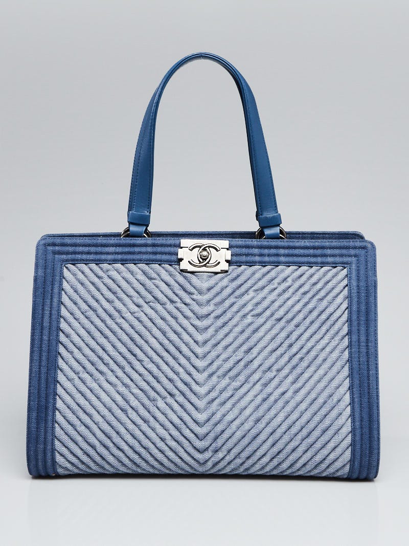 Chanel Light Blue Chevron Quilted Denim Boy Tote Bag - Yoogi's Closet