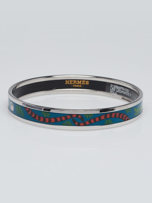 Hermes Blue Printed Enamel Palladium Plated Les Leopards Narrow Bangle Bracelet