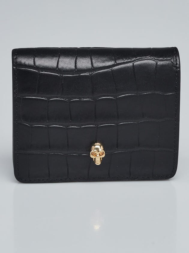 Alexander McQueen Black Croc Embossed Leather Crystal Skull Flap Wallet