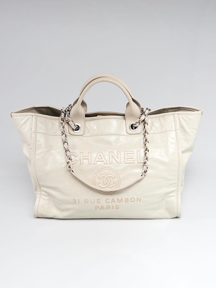 Chanel White Glazed Leather Large Deauville Shopping Tote Bag