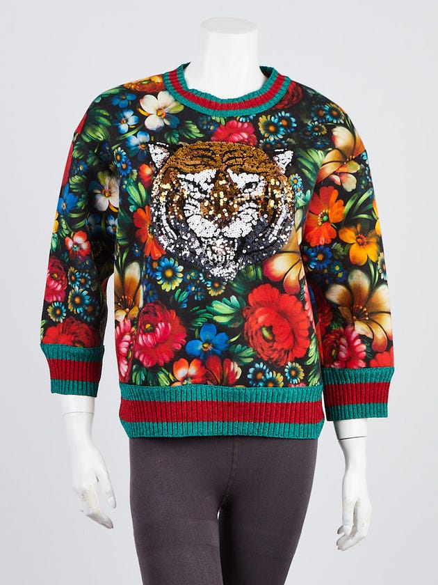 Gucci Multicolor Floral Print Cotton Sequin Tiger Sweatshirt Size XS
