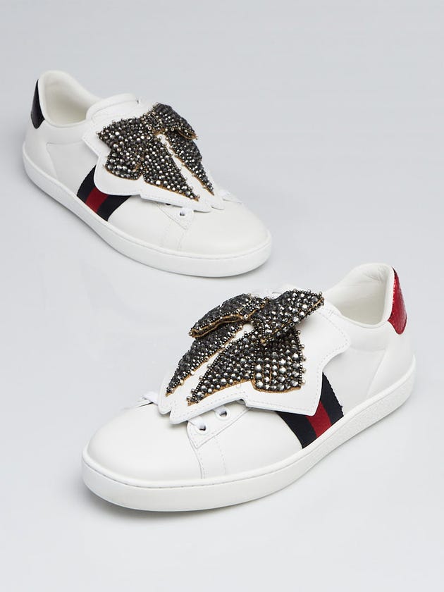 Gucci White Leather Vintage Web Ace Beaded Bow Sneakers Size 6/36.5