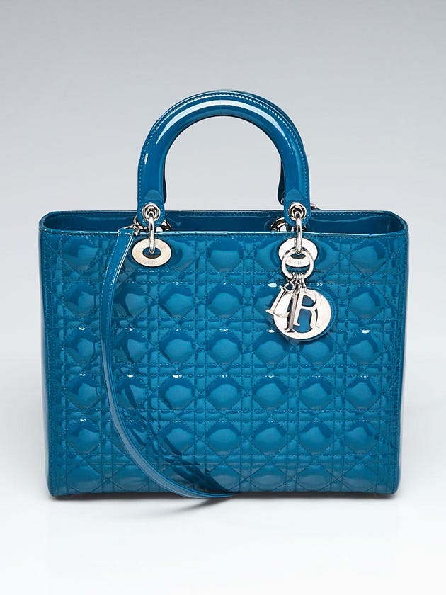Christian Dior Blue Quilted Cannage Patent Leather Large Lady Dior Bag