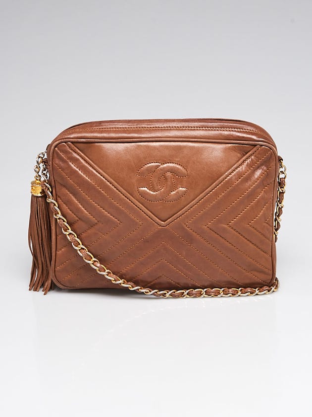 Chanel Brown Quilted Lambskin Leather Camera Case Tassel Bag