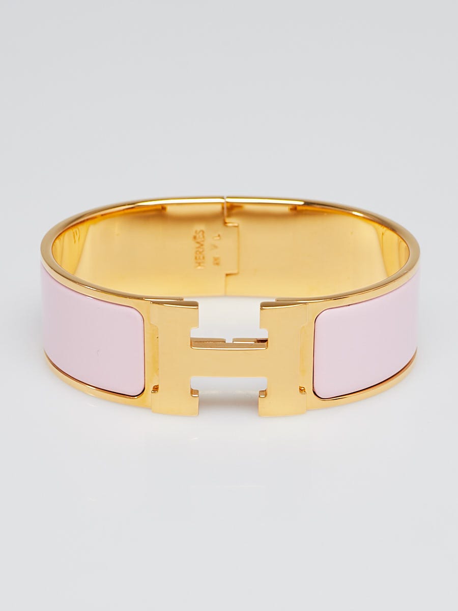 Hermes Light Pink Enamel Gold Plated Clic-Clac H GM Wide Bracelet