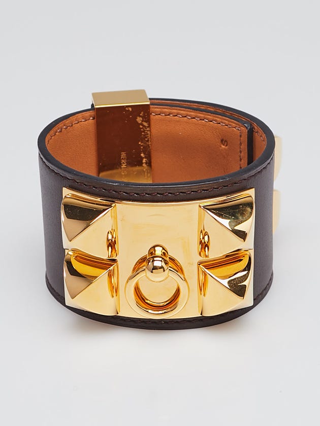 Hermes Ebene Swift Leather Gold Plated Collier de Chien Bracelet Size S