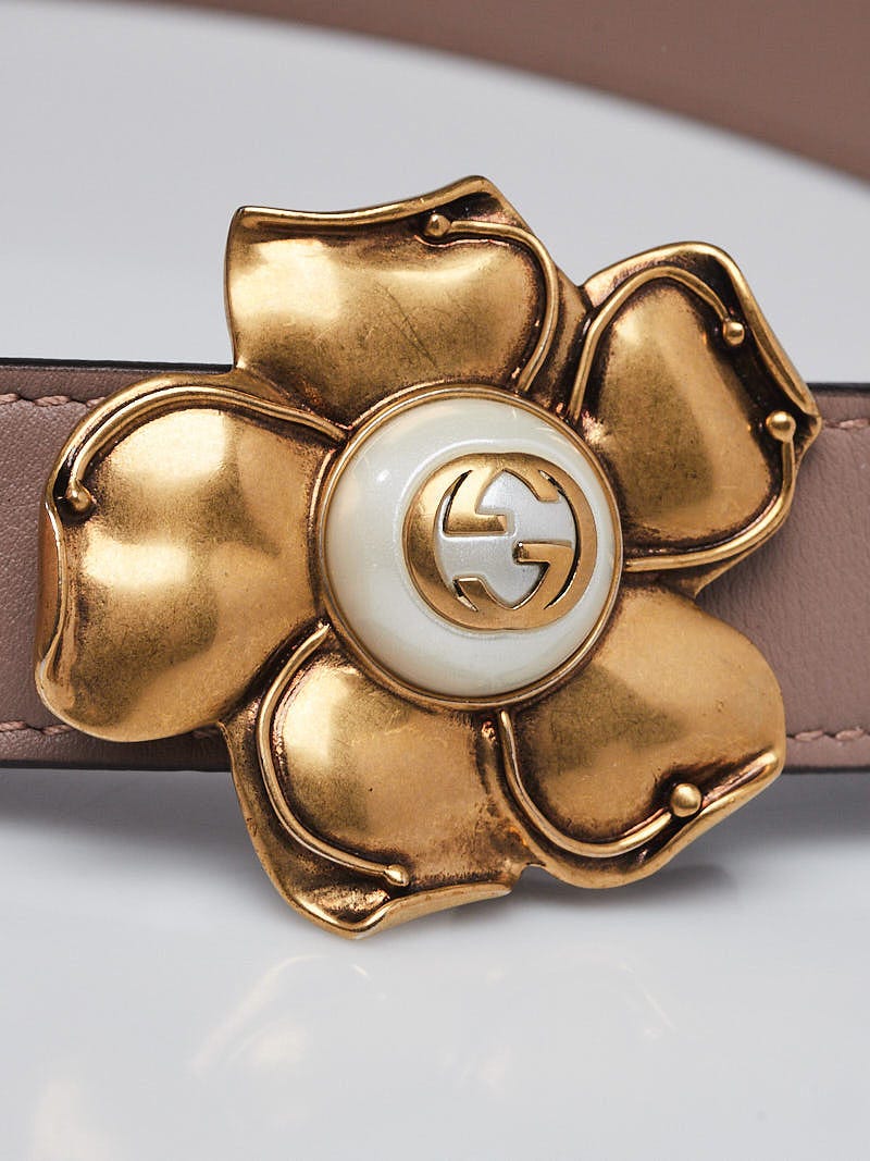 Gucci Pink Smooth Leather Metal Flower Belt Size 85/34 | Yoogi's