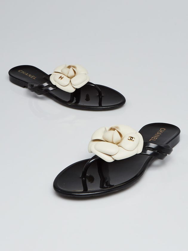 Chanel Black Camellia Flower Thong Sandals Size 6.5/37