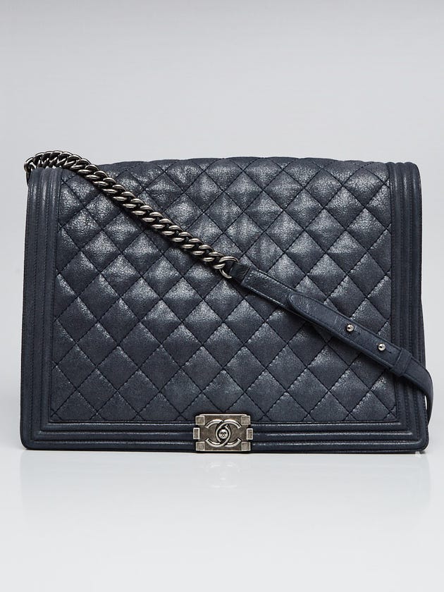 Chanel Blue Quilted Iridescent Leather Gentle XL Boy Bag