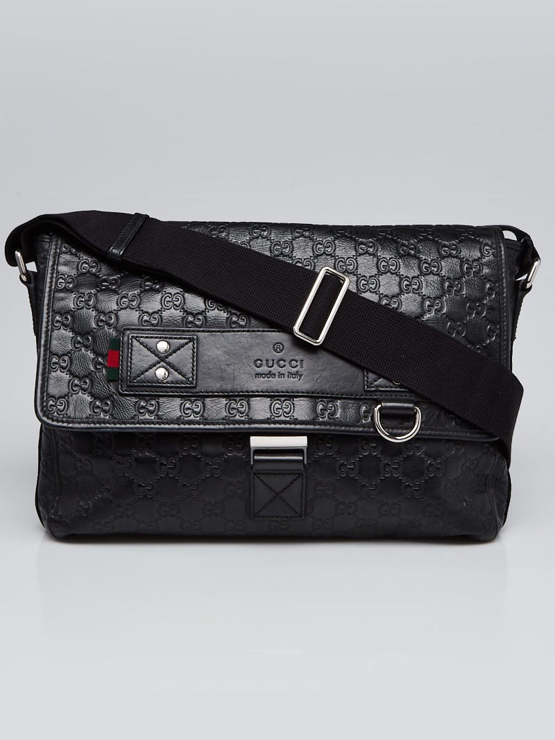 GUCCI Guccissima Signature Single Buckle Flap Messenger Bag Black 858825