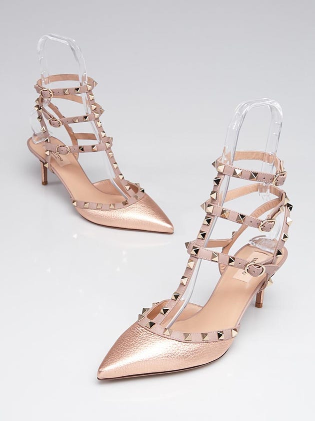 Valentino Rose Gold Pebbled Leather Rockstud T-Strap Kitten Heels Size 10.5/41