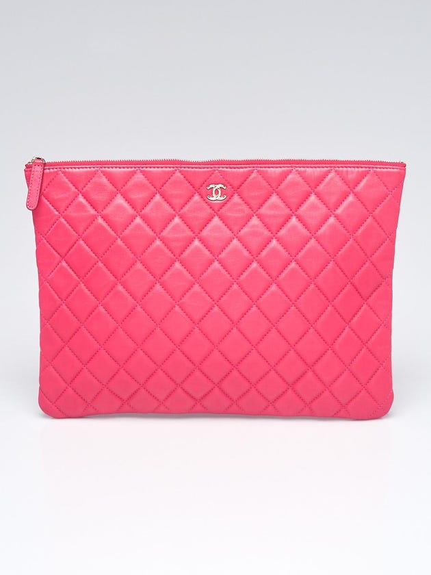 Chanel Dark Pink Quilted Lambskin Leather Classic O-Case Zip Large Pouch