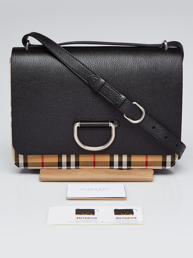 Burberry Black Leather Horseferry Check Canvas Medium D-Ring Crossbody Bag  - Yoogi's Closet