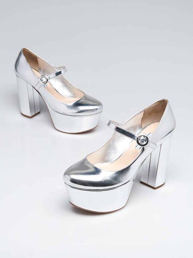 Prada Silver Leather Mary-Jane Platform Pumps Size 7.5/38