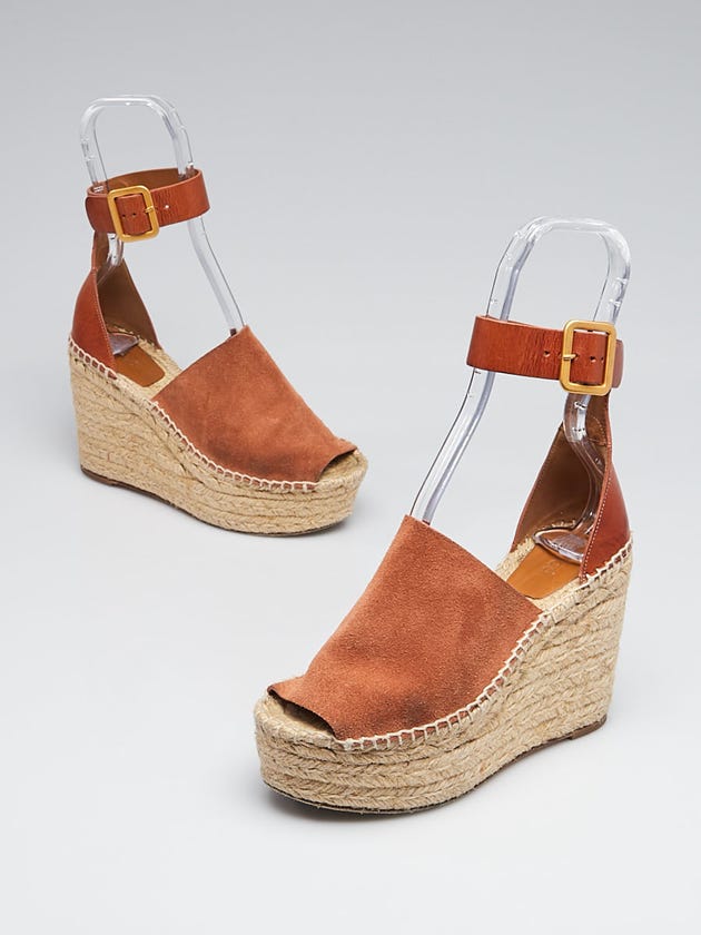 Chloe Brown Leather Platform Espadrille Wedge Sandals Size 5.5/36