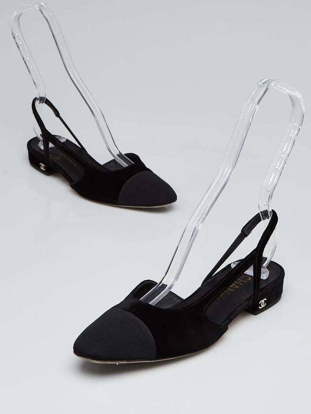 Chanel Black Velvet Cap-Toe Slingback Flats Size 5.5/36
