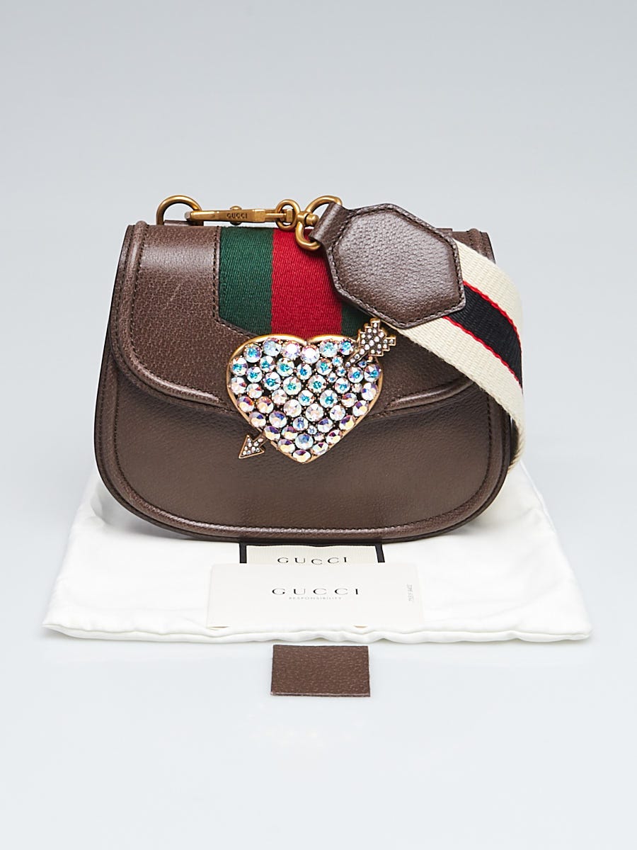 Gucci Brown Leather Crystal Heart Linea Totem Shoulder Bag