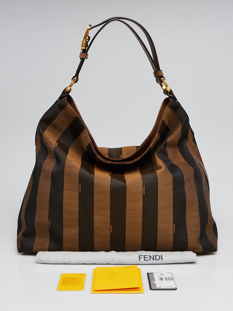 Fendi Brown Leather and Tobacco Pequin Stripe Canvas Hobo Bag 8BR653 Yoogi s Closet