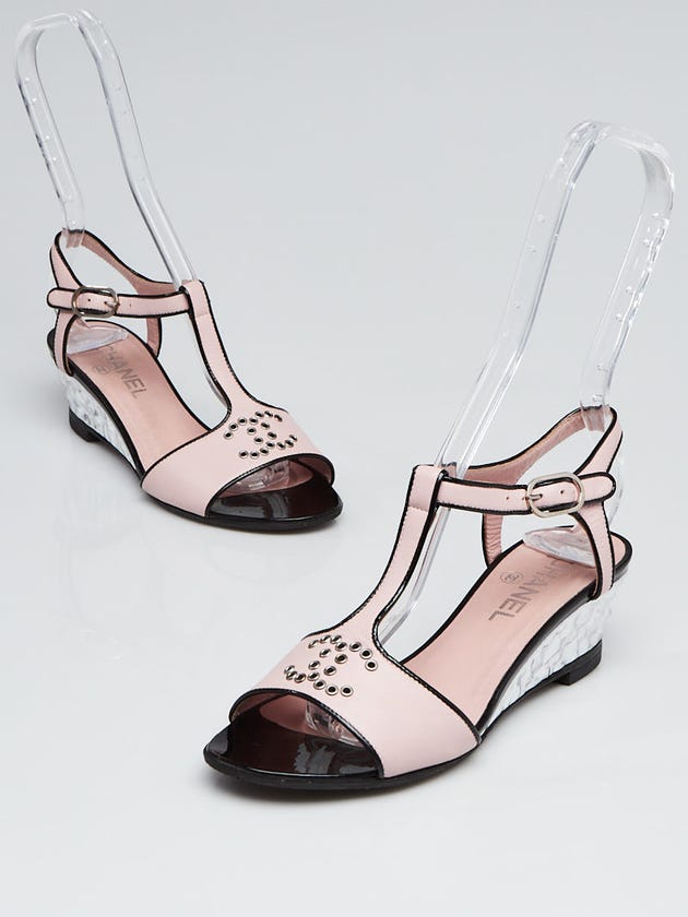 Chanel Pink Leather T-Strap Wedge Sandals Size 5.5/36
