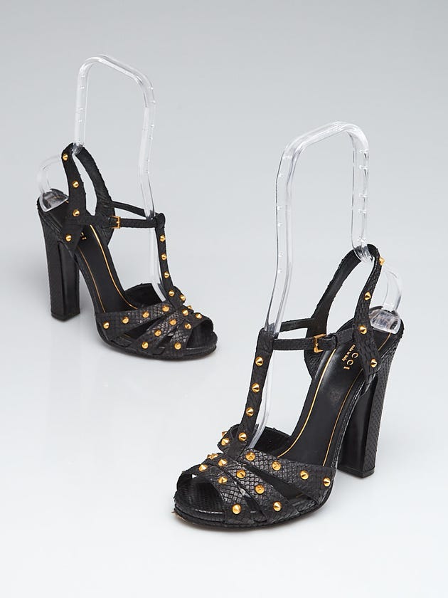 Gucci Black Snakeskin Studded Melville T-Strap Sandals Size 7.5/38