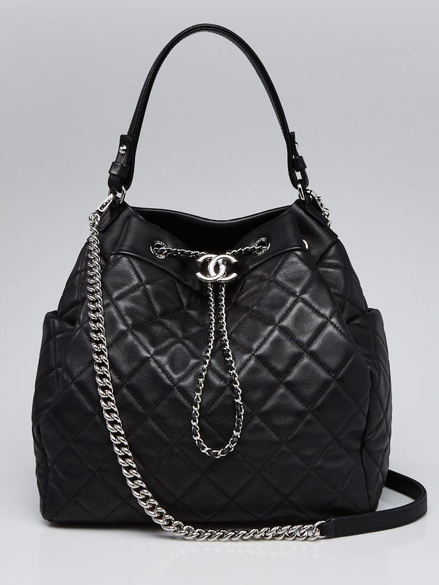 Chanel Black Quilted Lambskin Leather Drawstring Chain Bucket Bag