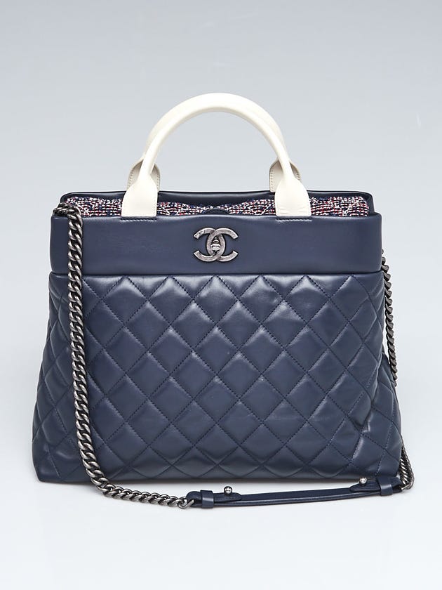 Chanel Navy Blue/White Quilted Leather and Tweed Portobello Two-Way Tote Bag