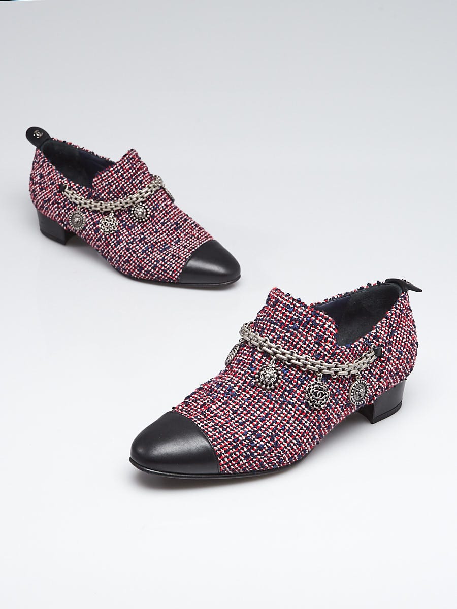 Chanel Red/Blue Tweed Cap Toe Charm Loafers Size 6.5/37 - Yoogi's Closet