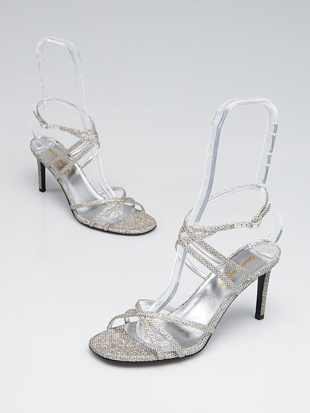 Yves Saint Laurent Metallic Silver Fabric Kate 80 Strappy Sandals Size 7.5/38
