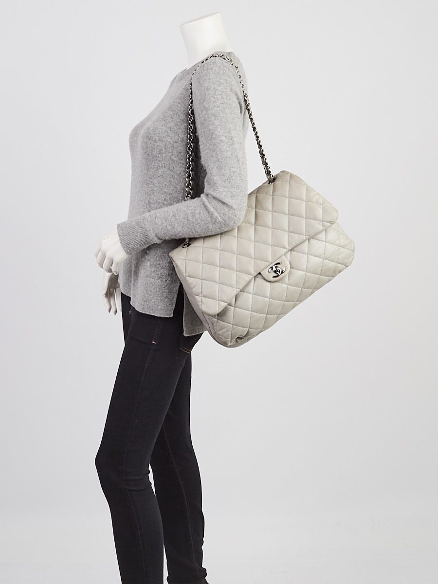 Chanel Grey Quilted Lambskin Leather Jumbo XL 3 Accordion Flap Bag