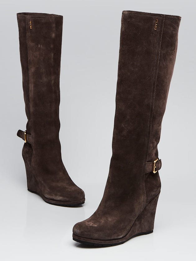 Prada Grey Suede Knee High Wedge Boots Size 8.5/39