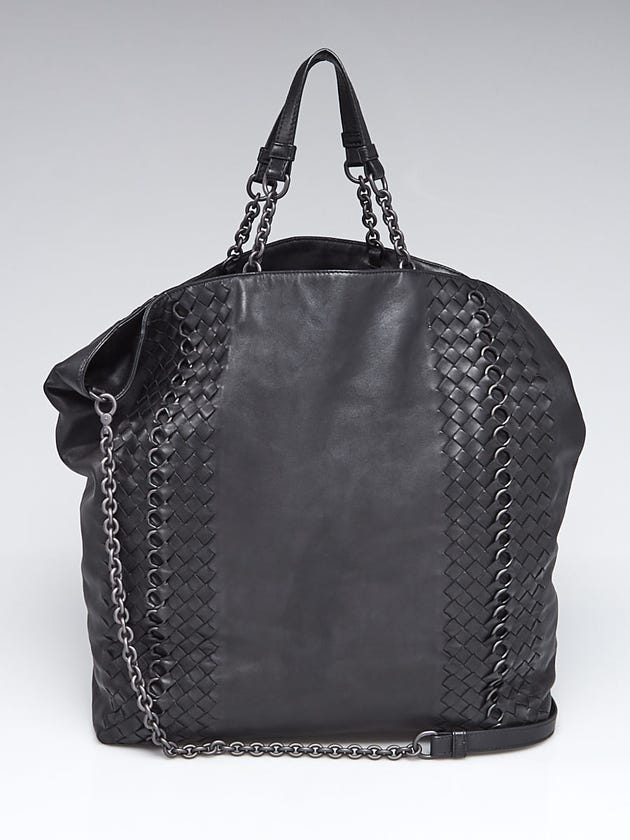 Bottega Veneta Black Intrecciato Woven Leather and Chain Tote Bag