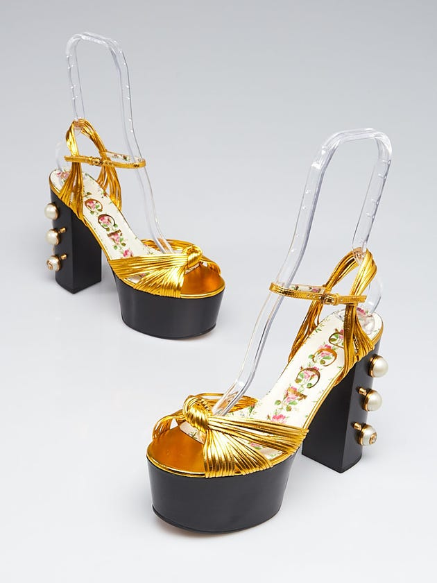 Gucci Gold Leather Knott Pearl Platform Sandals Size 7.5/38