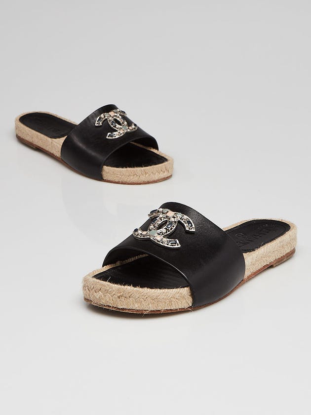 Chanel Black Leather Espadrille Slides Size 4.5/35
