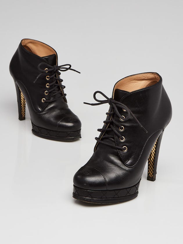 Chanel Black Leather Lace Up Booties Size 5/35.5