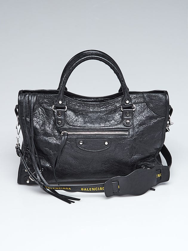 Balenciaga Black Lambskin Leather Motorcycle City Logo Strap Bag