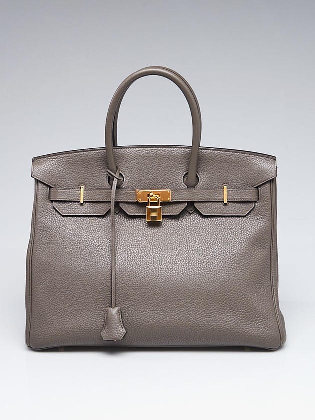 Hermes 35cm Taupe Clemence Leather Gold Plated Birkin Bag