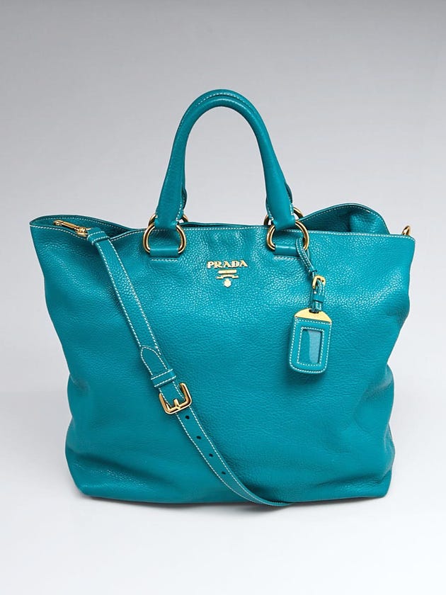 Prada Teal Vitello Daino Leather Convertible Shopping Tote Bag BN1713