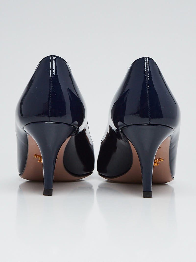 Prada Navy Blue Patent Leather Mid Heel Pointed Toe Heels