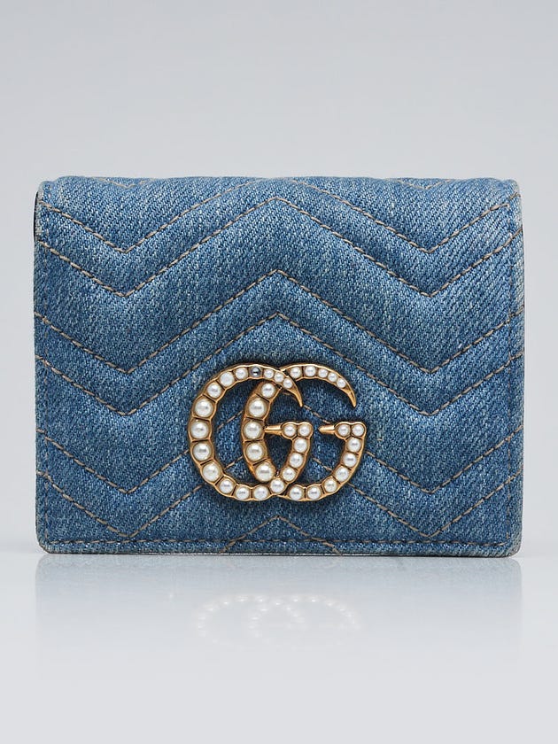 Gucci Limited Edition Japan Blue Quilted Denim Pearl GG Marmont Small Flap Wallet 