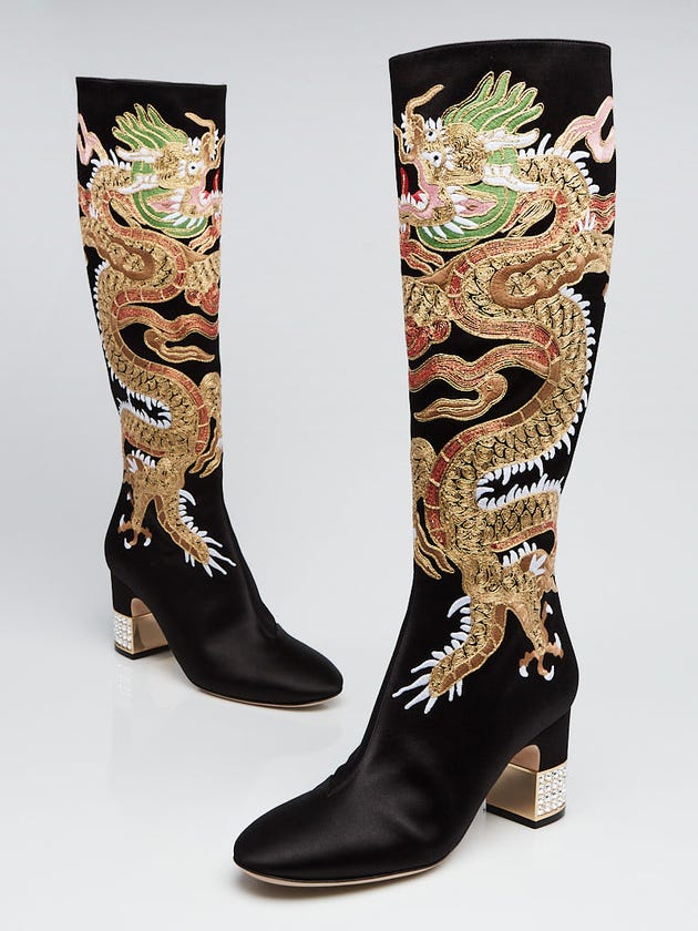 Gucci Black Satin Candy Embroidered Dragon Tall Boots Size 7/37.5