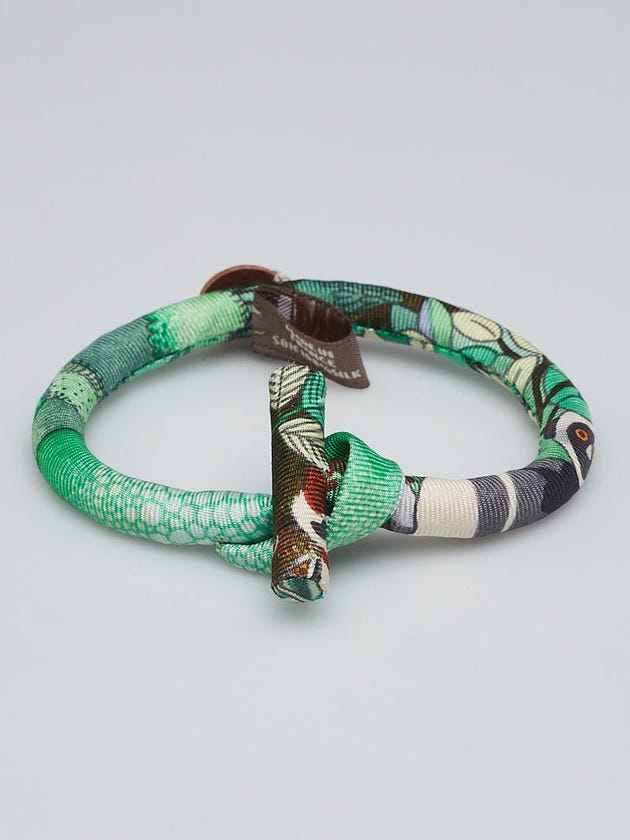 Hermes Green Printed Silk Petite H Double Knot Bridle Bracelet