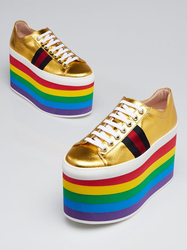 Gucci Gold Metallic Leather Platform PeGGy Sneakers Size 5.5/36